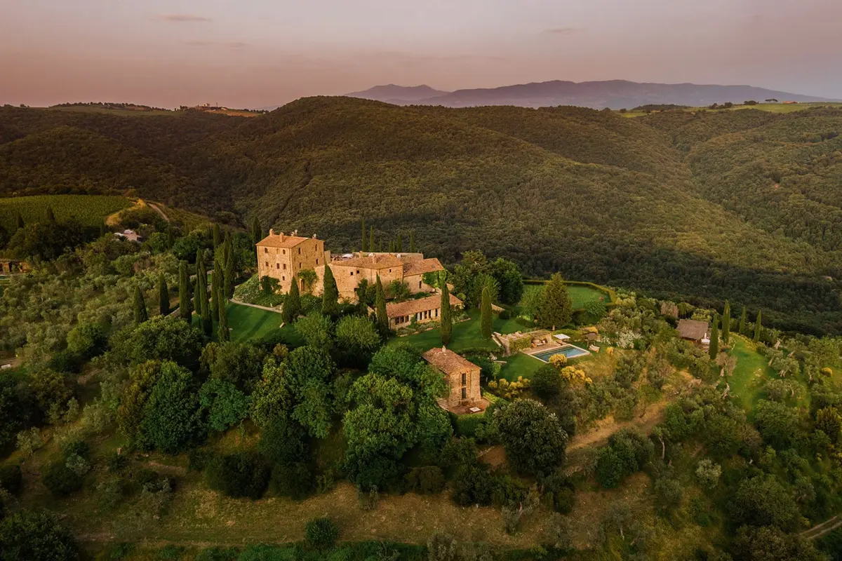 Aerial sunset over rural landscape