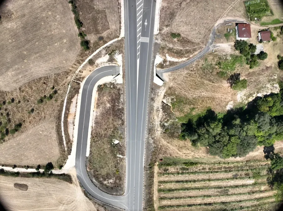 Aerial view of a wind farm access road