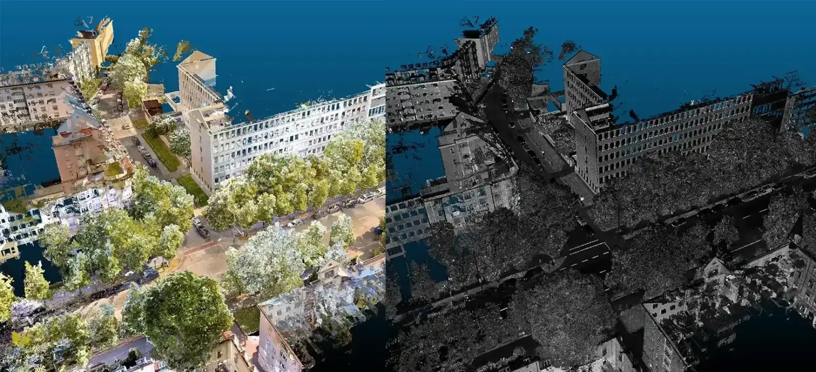 Colour 3D mesh and point cloud of the same building